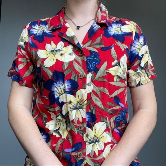 Vintage Women’s 90s Island Traders Red Tropical Floral Hawaiian Button Down Sz S - Picture 4 of 11